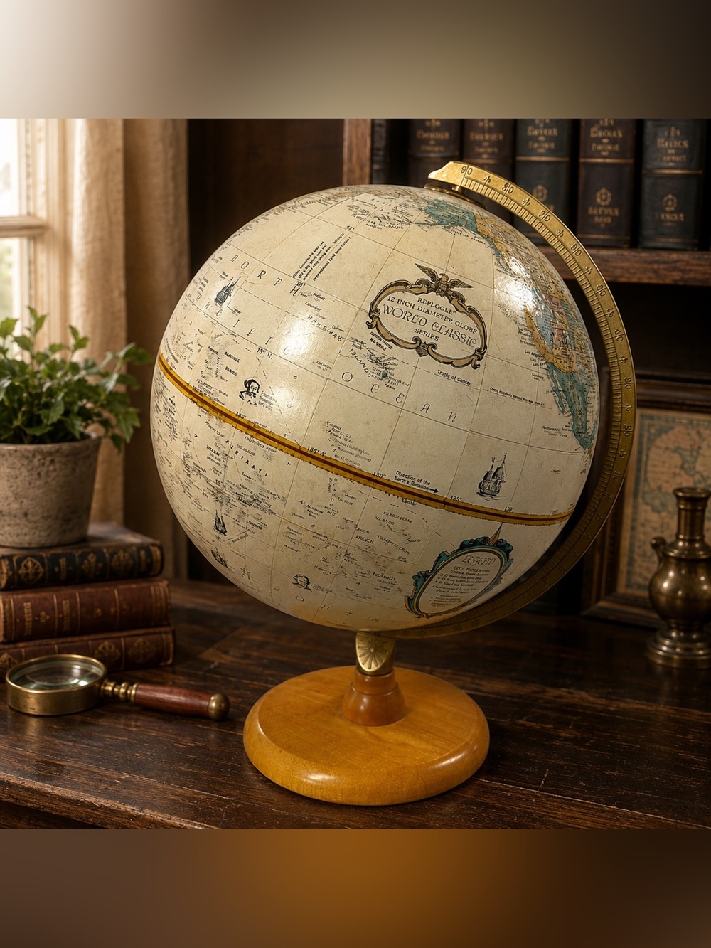 Vintage c1979 Replogle World Classic 12” Globe Raised Relief Wood Base USA